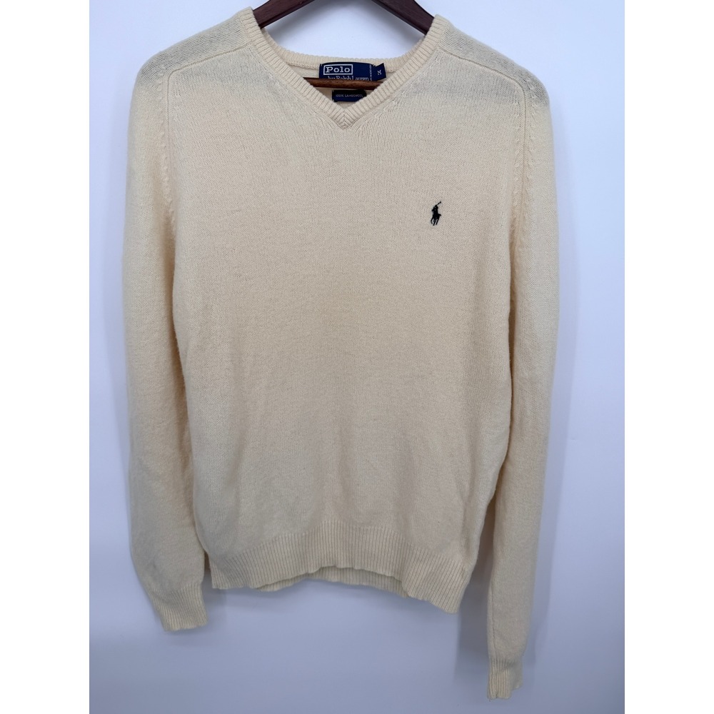 Polo Ralph Lauren Sweater Mens M Cream Good Lambswool V-Neck Pony Logo